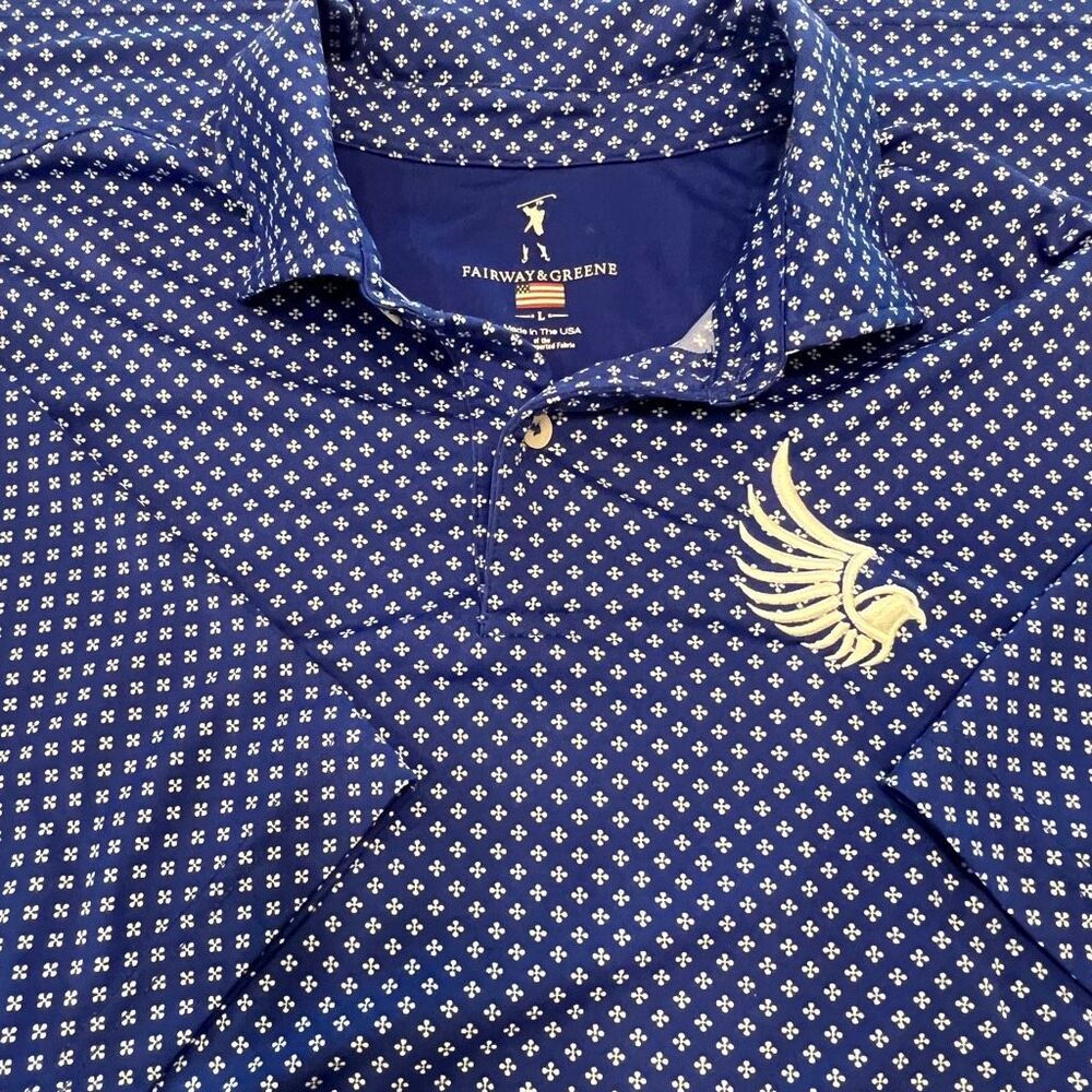 Fairway & Greene Men's Geometric Print Short Sleeve Polo Shirt Blue White Large